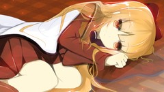 Anime red eyes blondes anime girls school uniforms lying down 