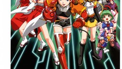 Anime red eyes blondes blue hair pink hair smiling anime girls 