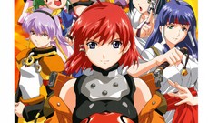 Anime red eyes blondes blue hair pink hair smiling anime girls 