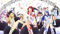 Anime red eyes blondes twins skirts blue hair pink hair long 