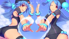 Anime red eyes blue hair anime girls wink ecchi twintails