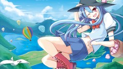 Anime red eyes blush blue hair long hair touhou hinanawi tenshi 