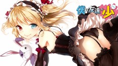 Anime red eyes gloves stockings blondes elbows blush anime 