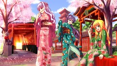 Anime red eyes kimono outdoors blondes pink hair long hair pink 