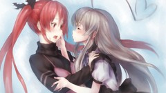 Anime red eyes kissing blush anime girls gray hair nyaruko 