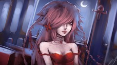 Anime red eyes long hair brunettes cleavage artwork