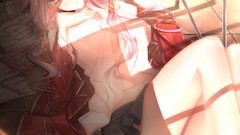 Anime red eyes pink hair anime girls indoors classroom guilty 