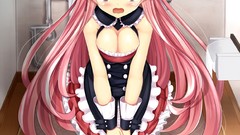 Anime red eyes pink hair anime girls maids cleavage panties 