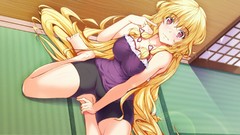 Anime red eyes Ribbons sitting floor blondes blush long hair 