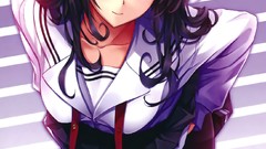 Anime red eyes Ribbons stripes schoolgirls skirts long hair 