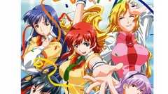 Anime red eyes schoolgirls blondes blue hair pink hair smiling 