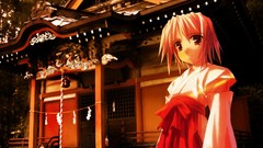 Anime red eyes short hair miko shrine Japanese clothes