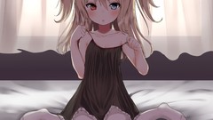 Anime red eyes sitting curtains blondes blush long hair anime 