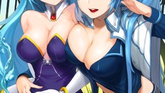 Anime red eyes snowball skirts blue hair anime girls cleavage 