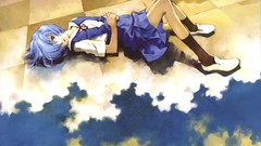 Anime red eyes stockings skirts blue hair anime girls school 