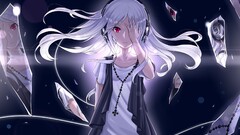 Anime red eyes white hair original characters headphones glass