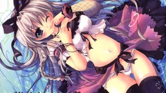 Anime Ribbons pants anime girls blue eyes wink gray hair lying 