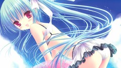 Anime Ribbons skirts blue hair pink eyes anime girls bare 