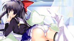 Anime Ribbons stockings anime girls school uniforms black hair 