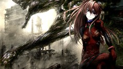 Anime ruins sitting long hair anime girls blue eyes brunettes 