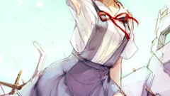 Anime ruins tie white hair red eyes sitting rocks shirts 