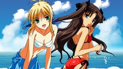 Anime saber Beaches blondes long hair anime girls green eyes 