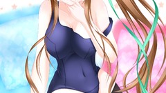 Anime school long hair cleavage thigh highs swimsuits