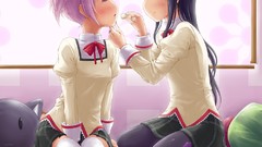 Anime schoolgirls stockings pink hair anime girls blue eyes 