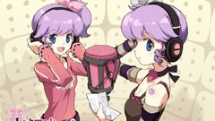 Anime short hair bare shoulders purple hair purple eyes Purple 