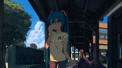 Anime Shorts blue hair pink hair long hair green eyes hatsune 