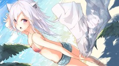 Anime Shorts white hair Beaches pink eyes anime girls animal 