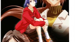 Anime sitting blue hair anime girls green eyes brunettes purple 