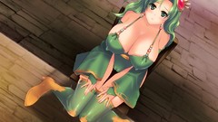 Anime sitting green hair cleavage huge boobs