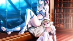 Anime sitting original characters thigh highs window panes Rezi 