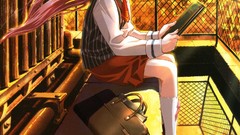 Anime sitting schoolgirls pink hair anime girls blue eyes 