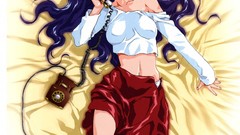 Anime skirts pink eyes anime girls phones purple hair lying 