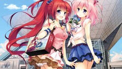 Anime skirts pink hair long hair school uniforms purple eyes