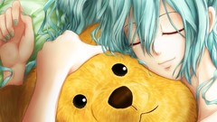 Anime sleeping blue hair anime girls green hair teddy bears 