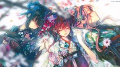 Anime sleeping kimono anime girls hair ornaments holding hands 