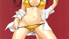 Anime smiling anime girls brunettes purple eyes cleavage bikini 