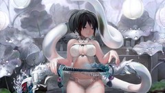 Anime snakes Swords short hair yellow eyes bra black hair 