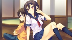 Anime socks sitting skirts long hair anime girls brown eyes 