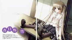 Anime socks white hair sitting schoolgirls skirts anime girls 
