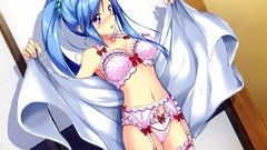 Anime stockings blush blue hair anime girls lingerie bra bare 