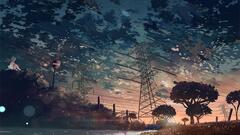 Anime sunset power lines utility pole anime girls artwork sign