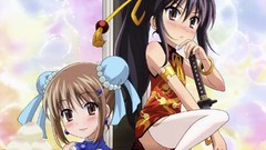 Anime Swords blush long hair anime girls brown eyes brunettes 