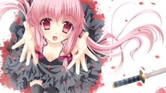 Anime Swords pink hair pink eyes anime girls tights flower 