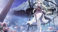 Anime Swords skirts anime girls flower petals purple eyes 