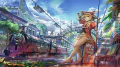 Anime train station railway train Birds skyscraper anime girls