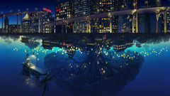 Anime Trees reflection water building alternate reality